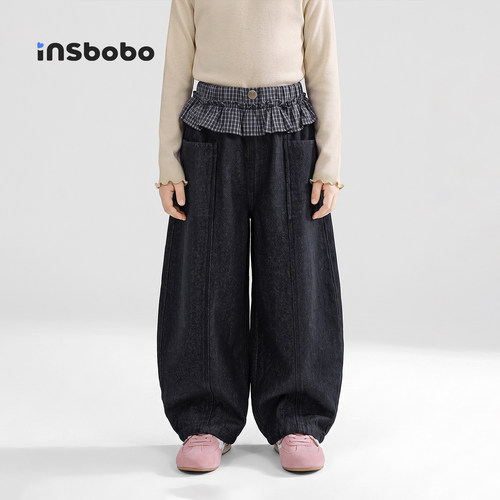 INSbobo儿童裤子格纹花边牛仔裤