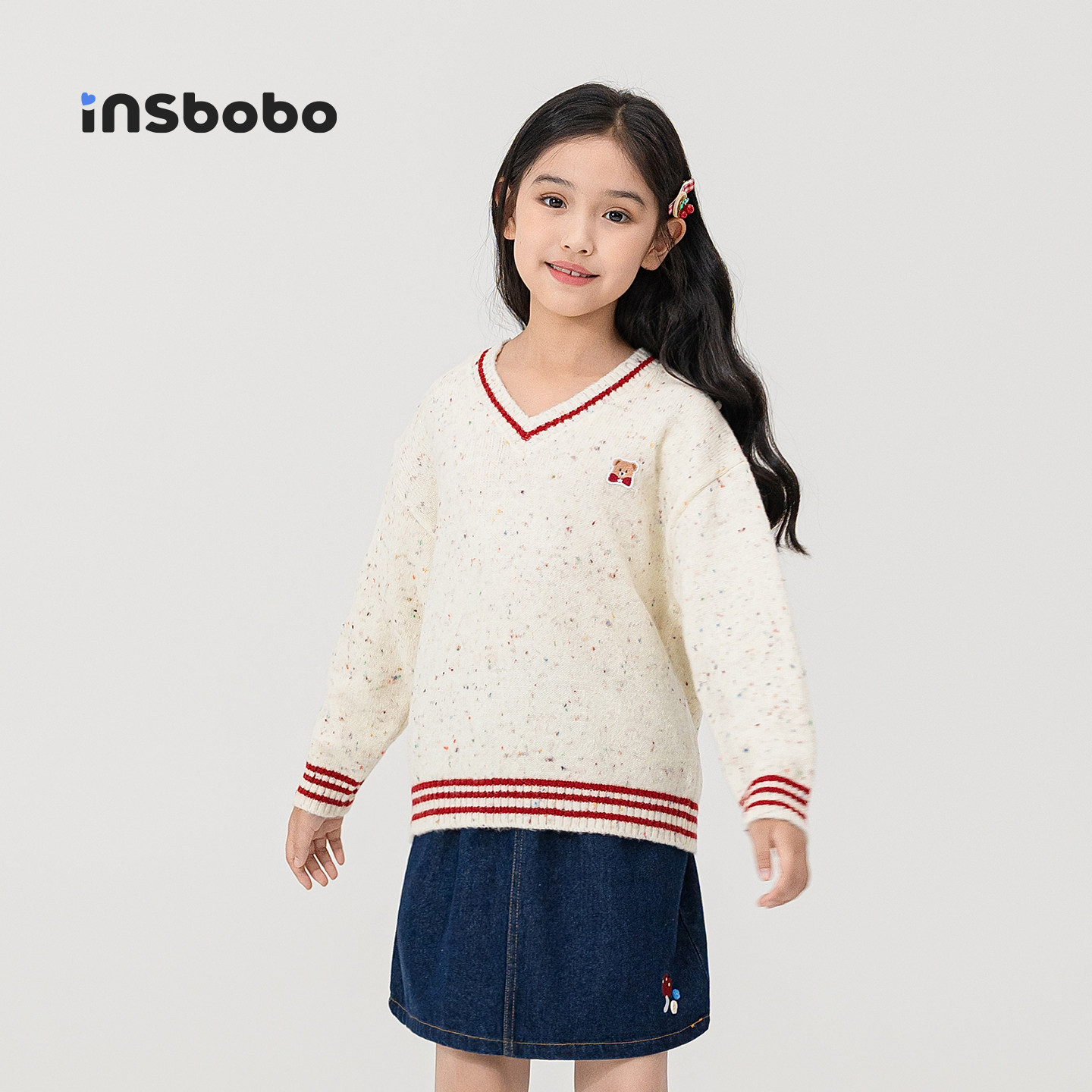 INSbobo儿童毛衣V领绣花毛衣