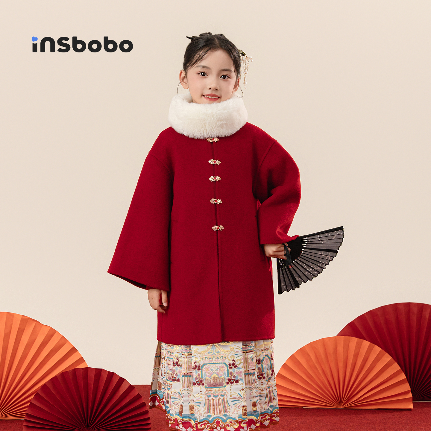 INSbobo儿童呢大衣毛领大衣外套