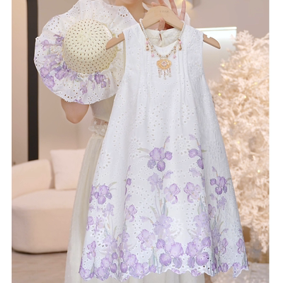【送帽子】夏季新款女童洋气潮流碎花镂空独特背心连衣裙HCF140