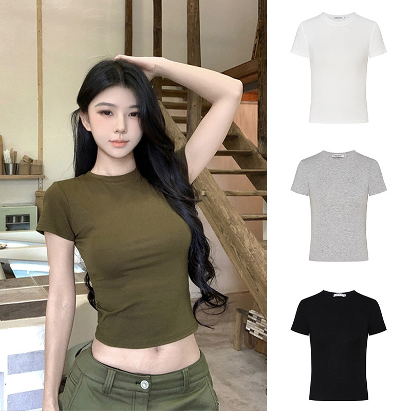 MosesQueen魔西女王紫色正肩短袖T恤女夏季辣妹修身显瘦短款上衣