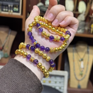金包银手链女紫水晶手串手工diy散珠黄金同款圆珠经典百搭送女友