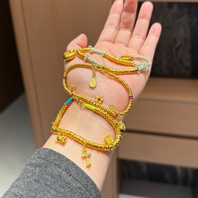 盛尊金包银盘缠手链diy碎金子跑环锤纹小胖福古法金手链时尚轻奢