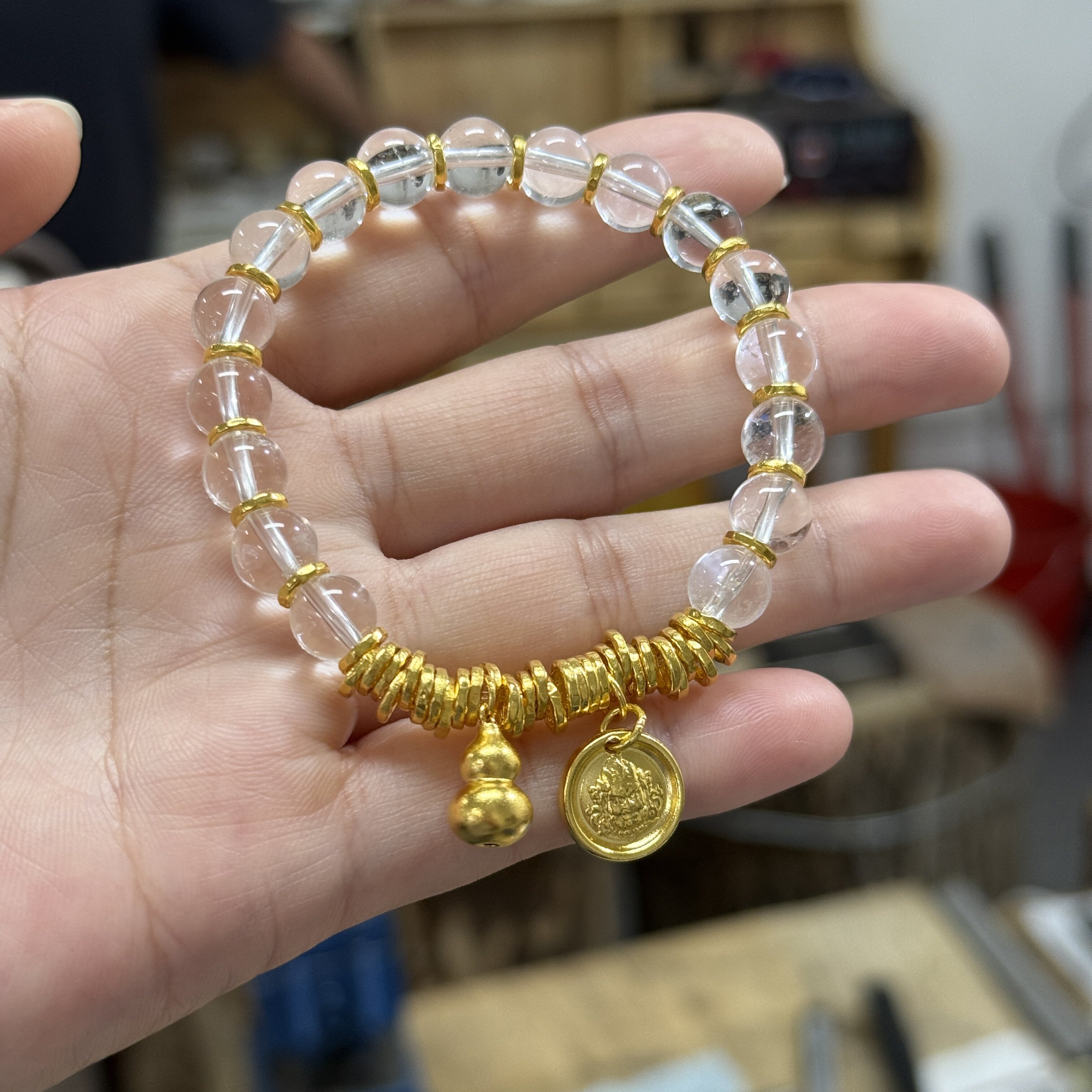 盛尊金包银盘缠手链diy水晶手串黄财神挂坠实心不变形送女友礼物