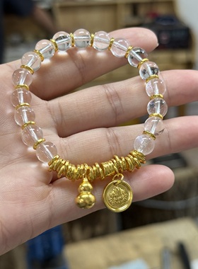 盛尊金包银盘缠手链diy水晶手串黄财神挂坠实心不变形送女友礼物