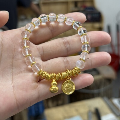 盛尊金包银盘缠手链diy水晶手串黄财神挂坠实心不变形送女友礼物