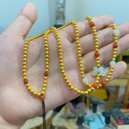 黄金包银白玉蝴蝶南红金包银项链