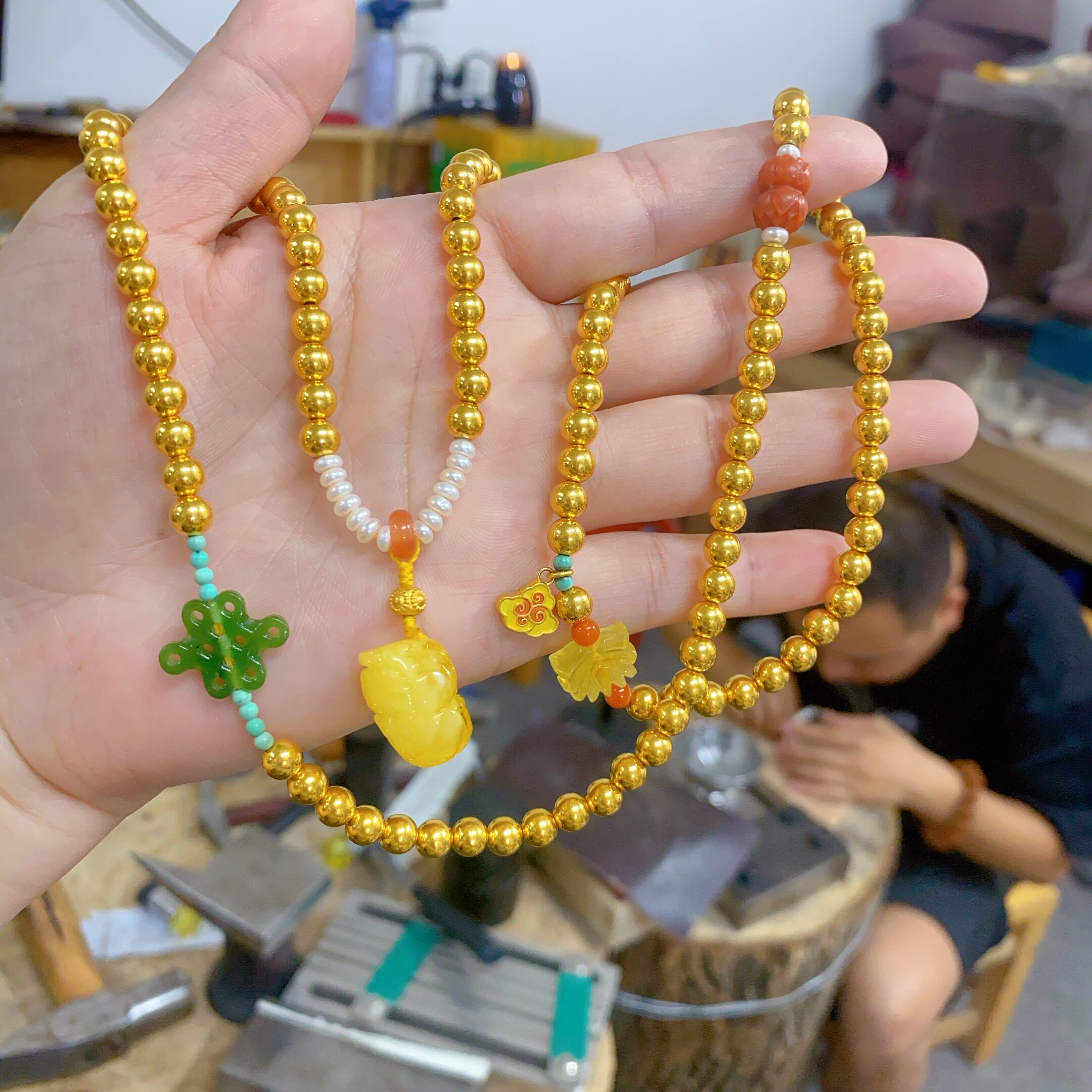 新品平安貔貅圆珠项串金包银项链可diy散珠三圈非遗小众设计送礼
