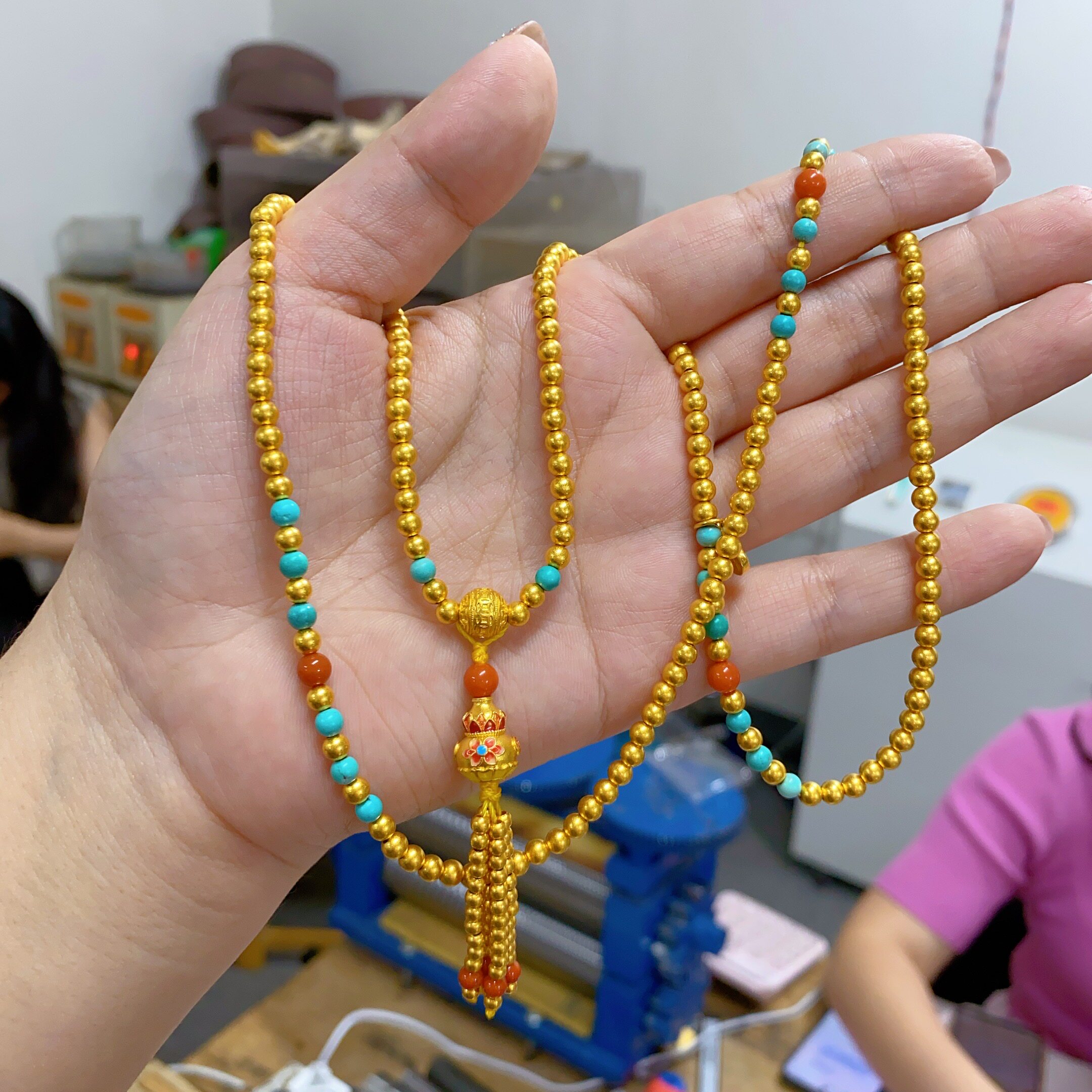 新品古法珐琅彩葫芦黄金包银项串中式国风女金包银项链可diy散珠