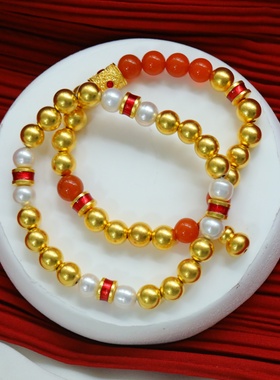 盛尊金包银南红珍珠手链古法圆珠