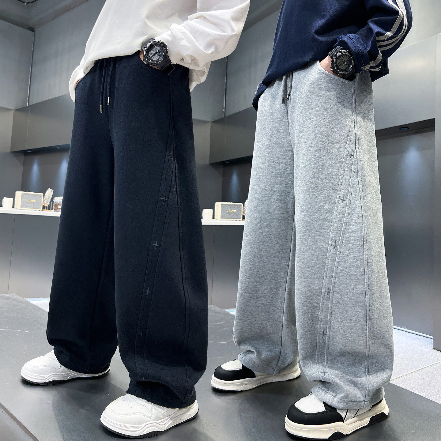 春秋季工装裤子男青少年美式宽松伞兵裤初中高中学生直筒休闲长裤