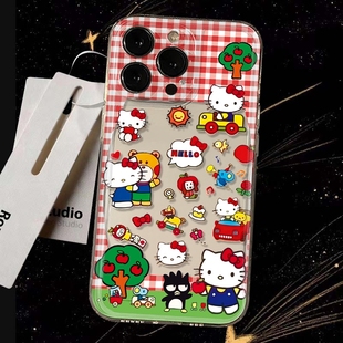 凯蒂格纹太空壳情侣适用苹果17pro手机壳适用华为P80适用小米17promax手机壳适用荣耀ins风卡通高级感保护套