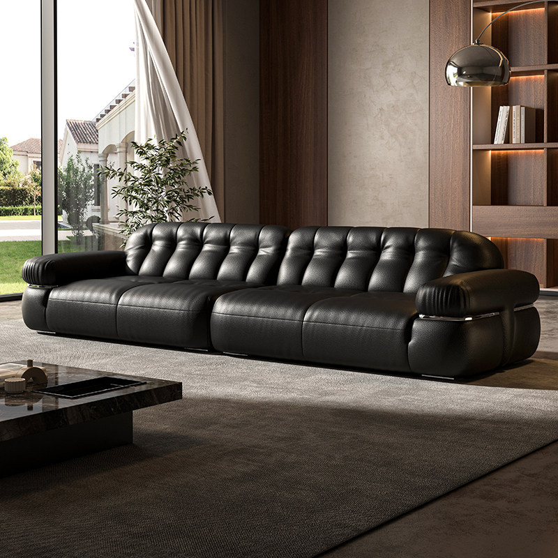 越映钢牙全青头层牛皮真皮沙发法式复古直排黑色轻奢横厅设计师款