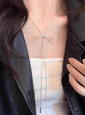 银色蝴蝶结抽拉锁骨项链女冷淡