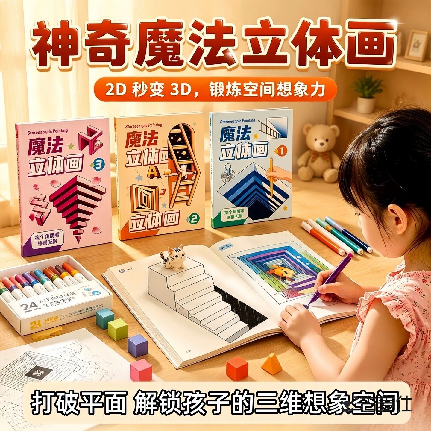 儿童3D立体画涂色本空间想象力