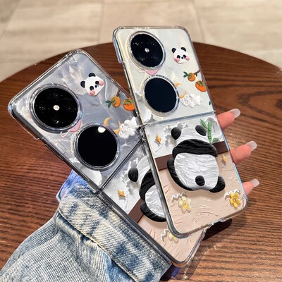 适用华为pocket2手机壳油画熊猫p50pocket新款折叠保护套pockets透明高级感外壳女款超薄全包防摔可爱卡通