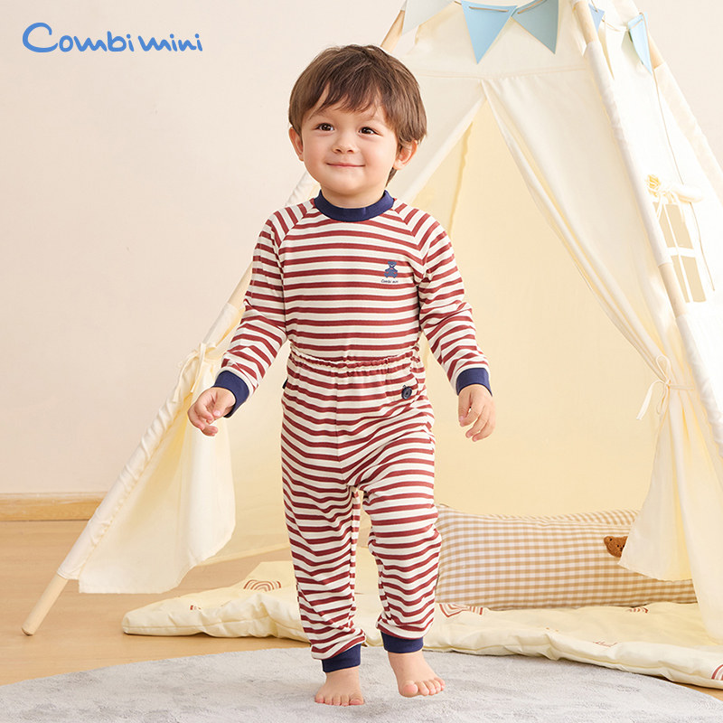 康贝Combi mini春季新款棉毛布儿童睡衣撞色条纹家居服套装