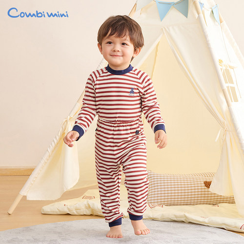 康贝Combi mini春季新款棉毛布儿童睡衣撞色条纹家居服套装