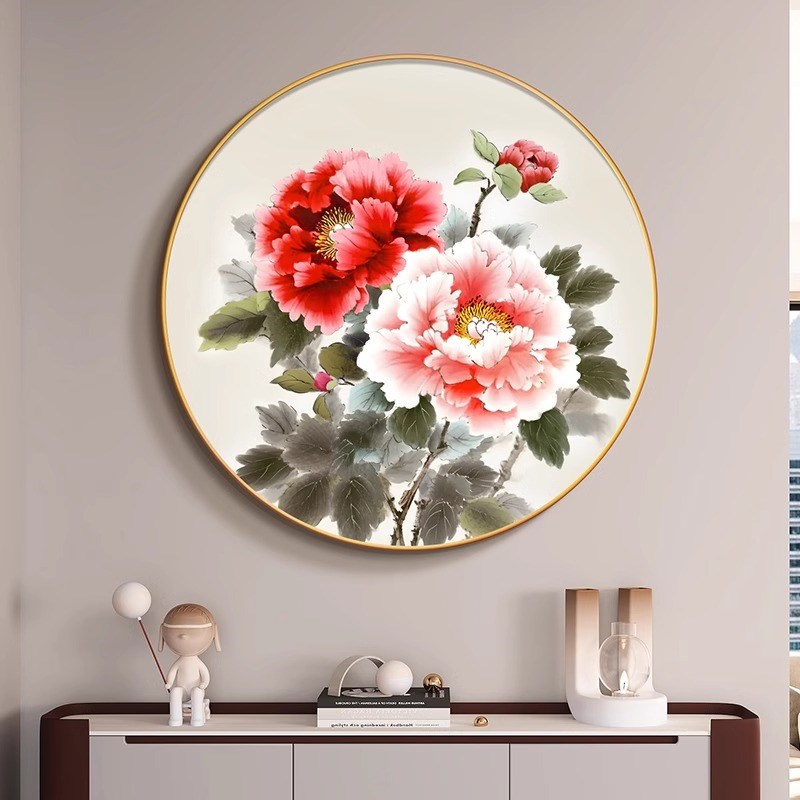 花开富贵圆形玄关装饰画新中式客厅背景墙挂画牡丹花卧室餐厅壁画图片