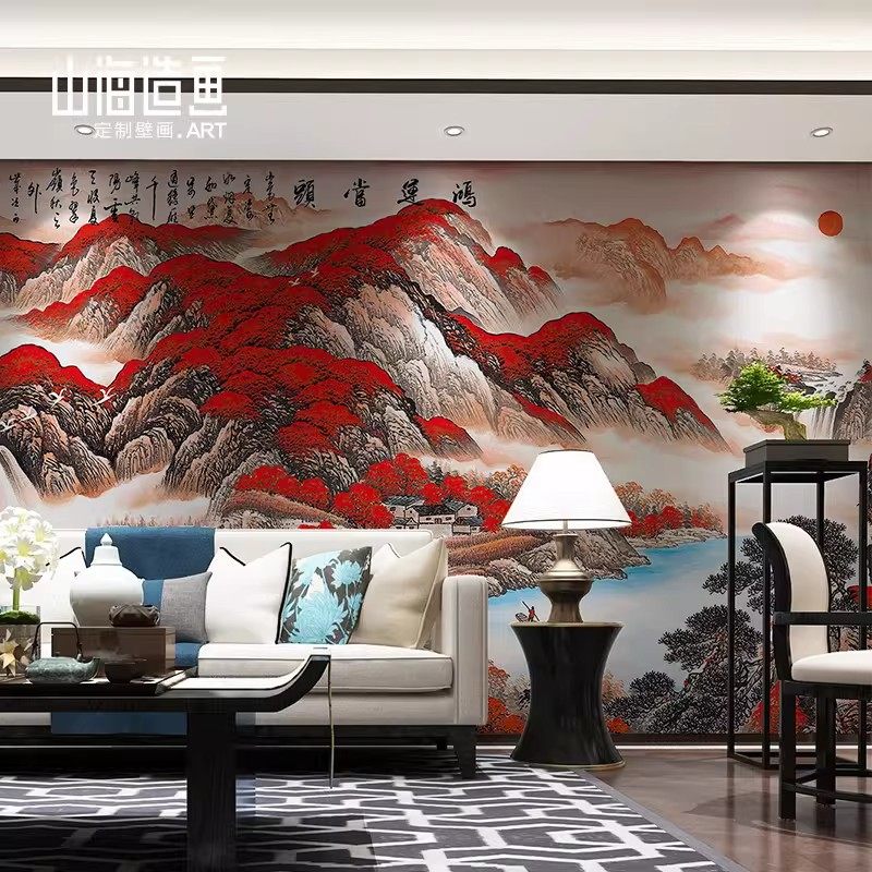 新款鸿运当头中式大气红色宴会厅背景山水画墙布大堂壁纸定制壁画,家装主材,定制壁画,淘宝优惠券,粉丝福利购,淘宝优惠卷