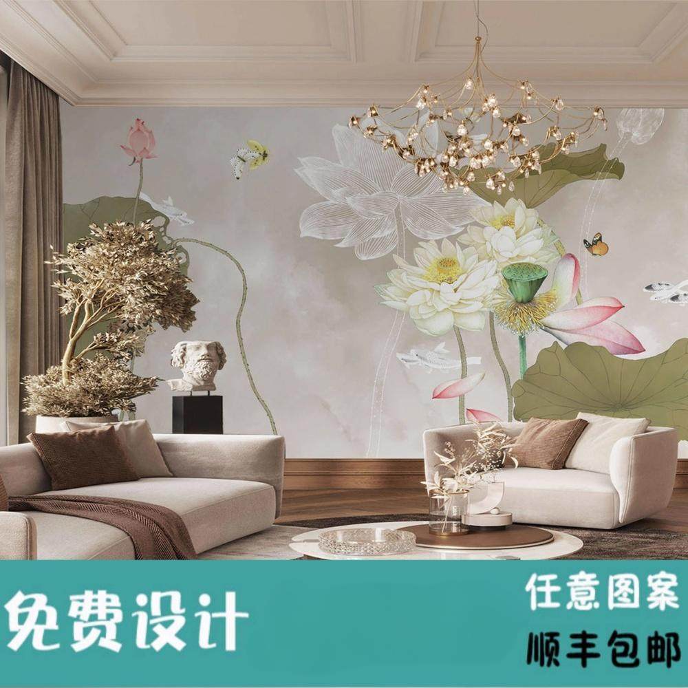 新中式古典荷花墙纸立体客厅电视背景墙纸茶室壁画养生美容院墙布,家装主材,定制壁画,淘宝优惠券,粉丝福利购,淘宝优惠卷