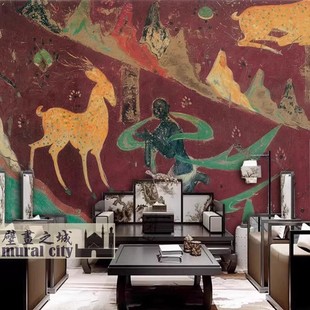 敦煌九色鹿壁画古典神话墙布莫高窟元素鹿王本生壁纸餐厅仕女墙布