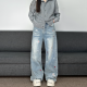 男女情侣休闲阔腿直筒裤 无无厘头美式 复古抓痕猫咪刺绣牛仔裤 子