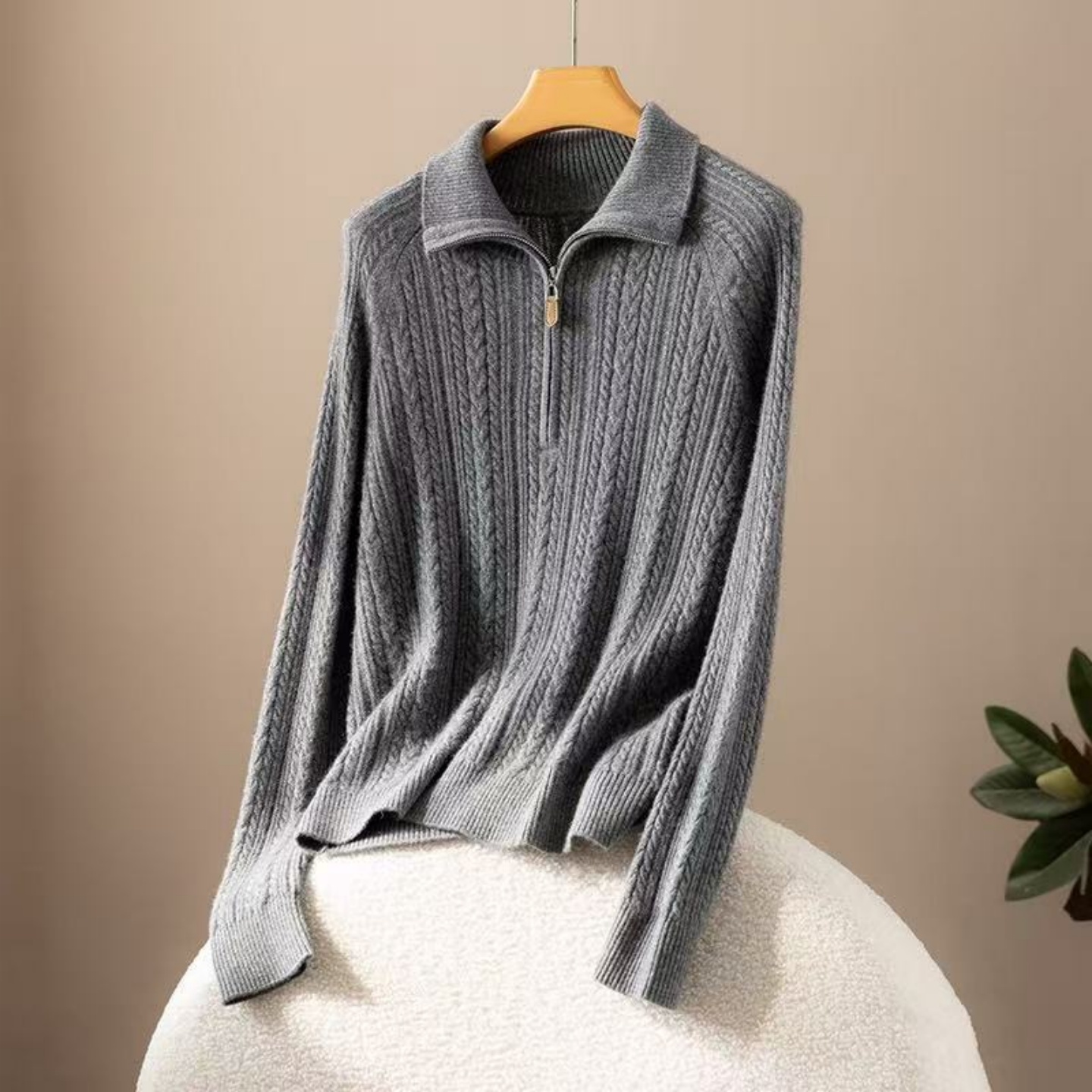 100%山羊绒麻花半高领拉链女套衫