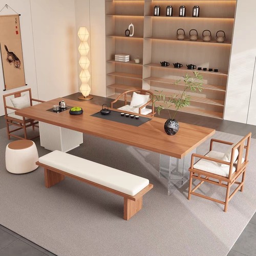 侘寂风实木茶桌椅组合奶油风茶桌轻奢简约亚克力悬浮会客办公一体