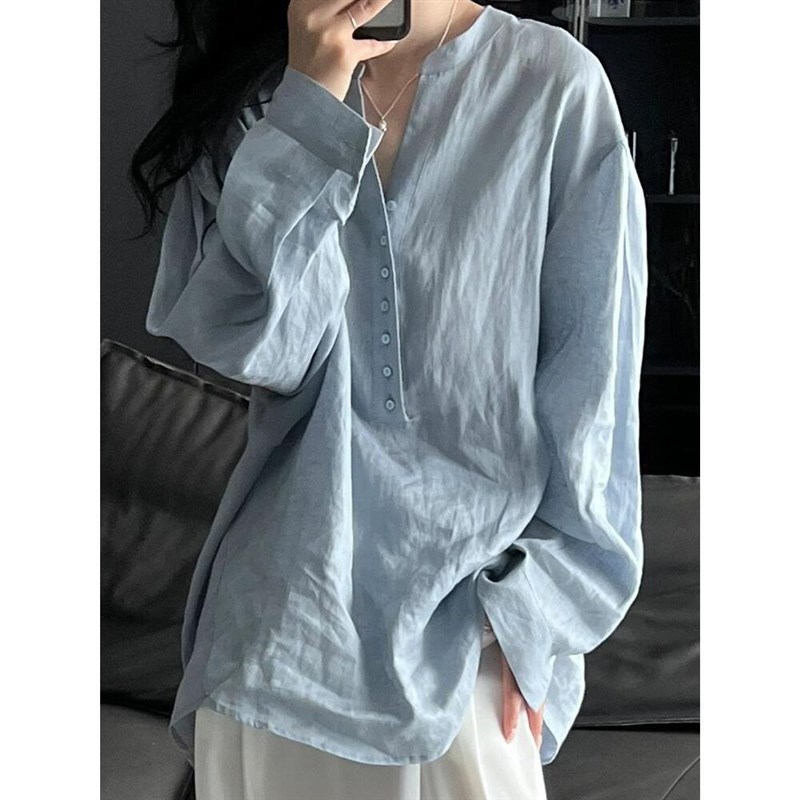 极简老钱风亚麻衬衫天蓝色上衣女早秋小立领半门襟宽松慵懒风衬衣