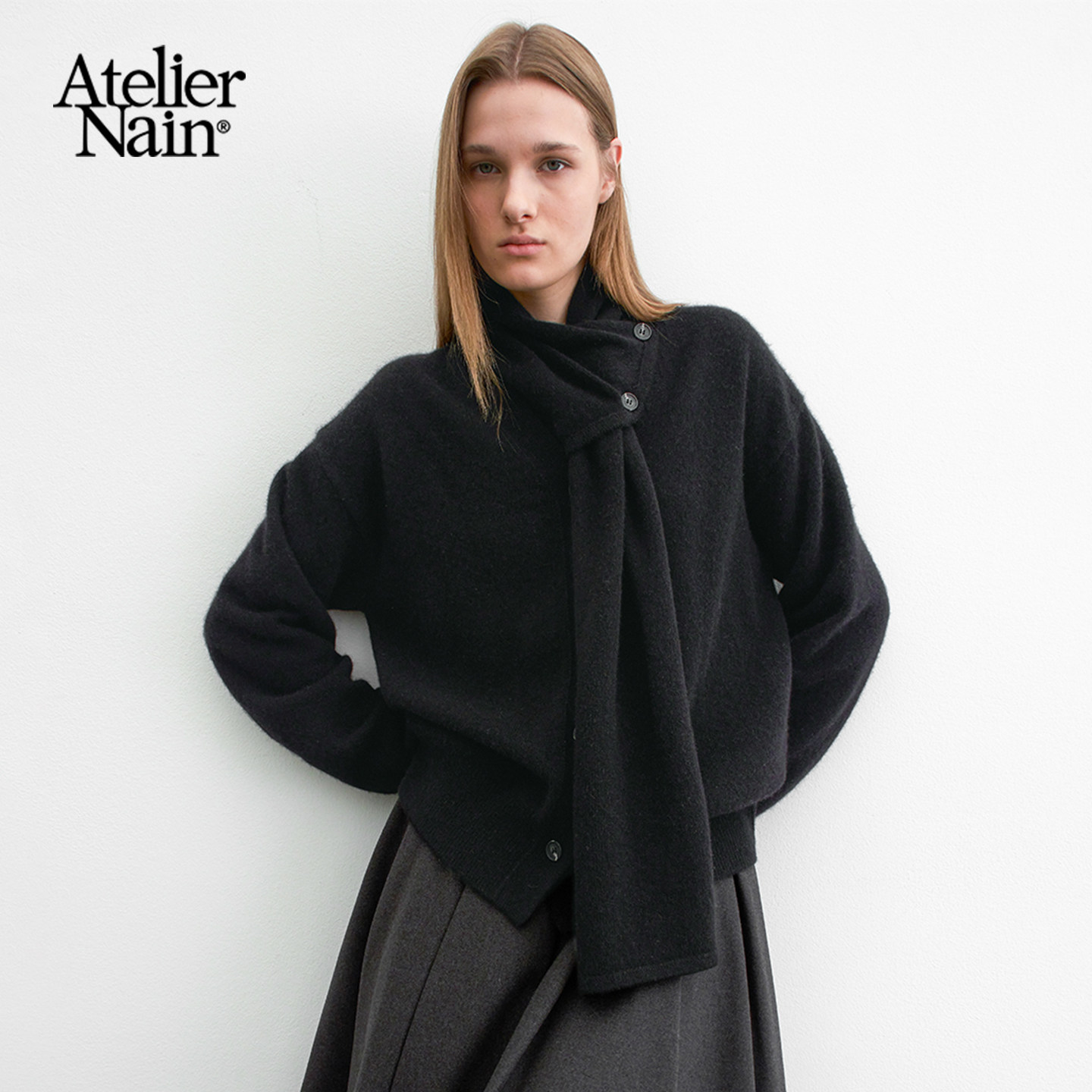 Atelier Nain2025冬季新款羊毛针织开衫围巾套装设计感小众毛衣女