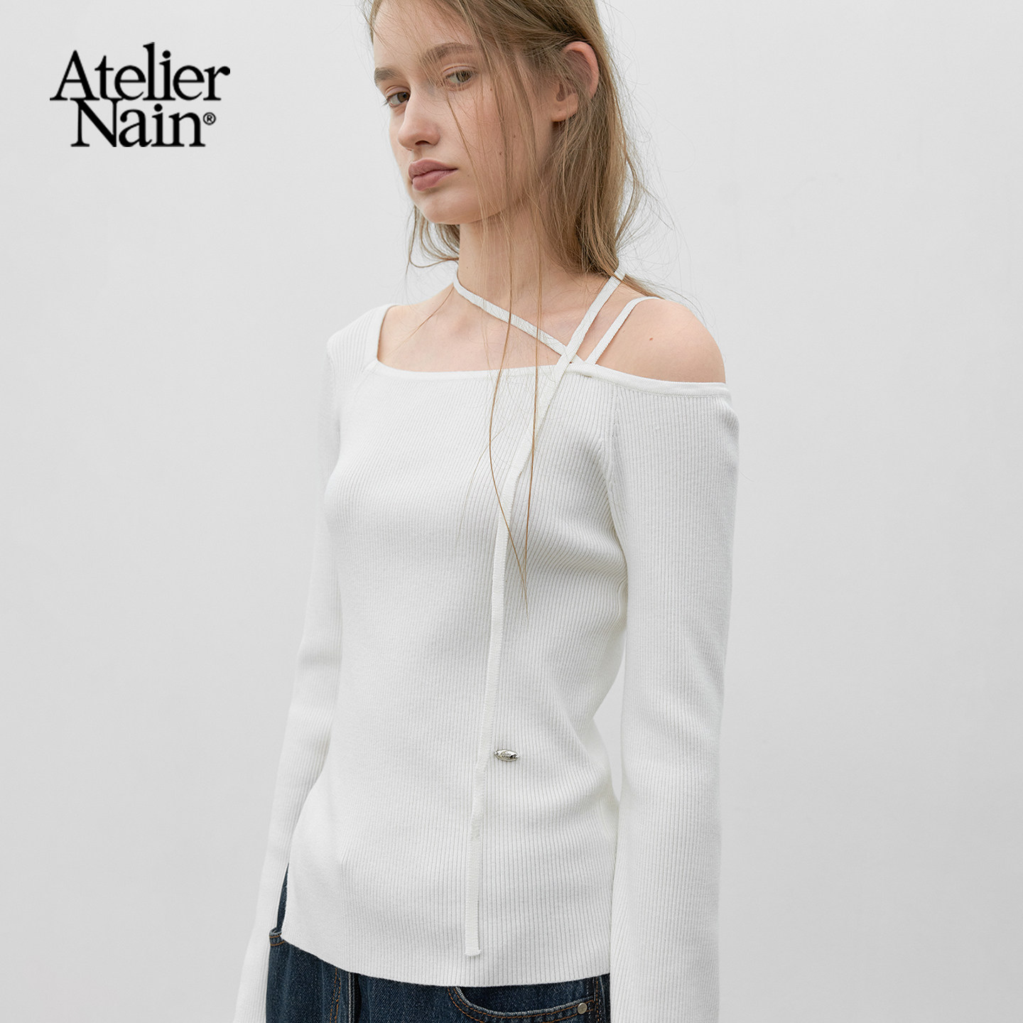 Atelier Nain2026年秋季新款露肩设计感针织衫甜美时尚显瘦上衣女