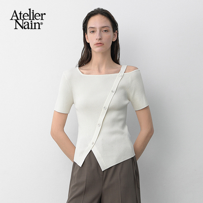 【卢昱晓同款】Atelier Nain2025年夏季新款一字肩韩版短袖T恤女