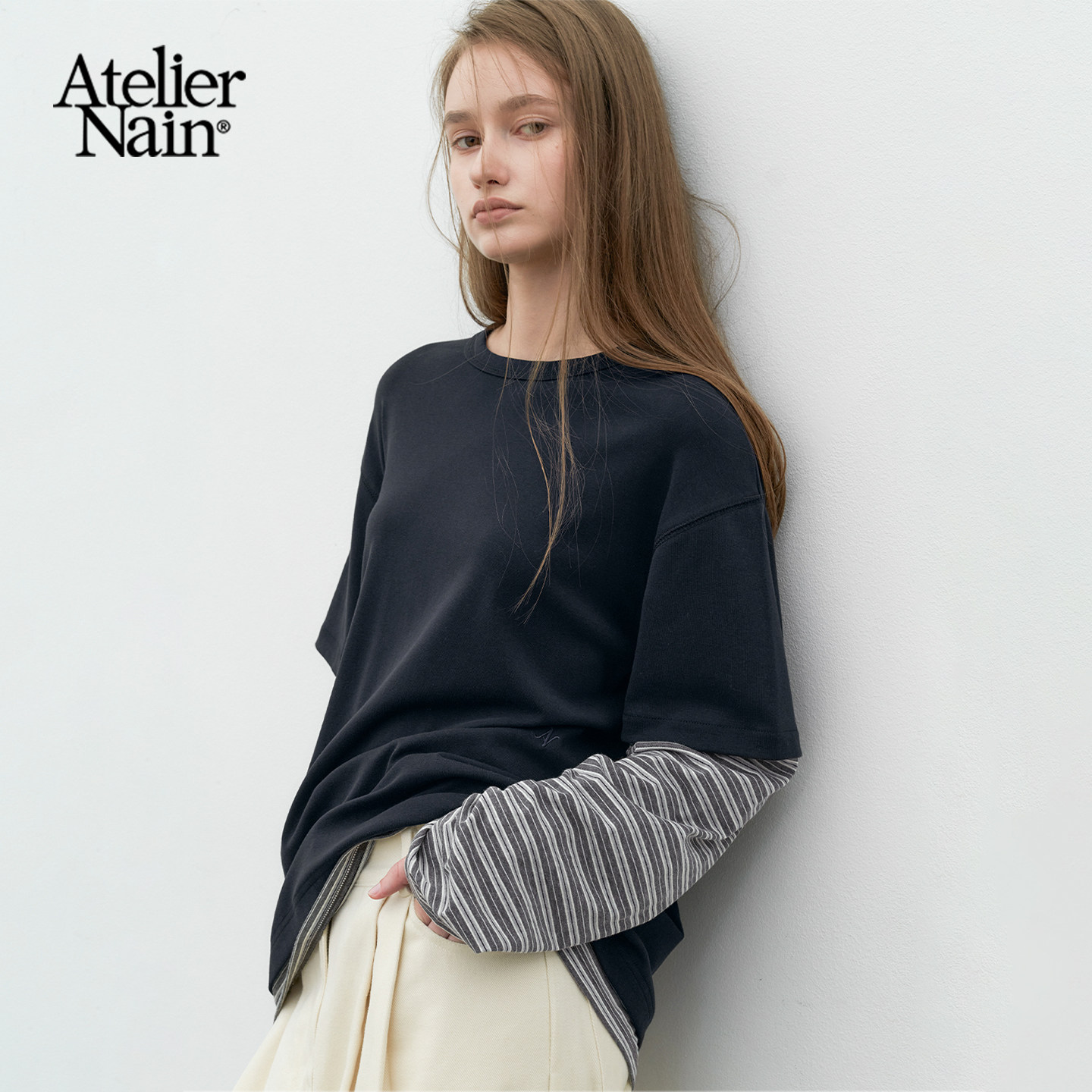 Atelier Nain2026年秋季新款假两件条纹拼接宽松长袖T恤女休闲风