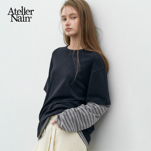 Atelier Nain2026年秋季新款假两件条纹拼接宽松长袖T恤女休闲风