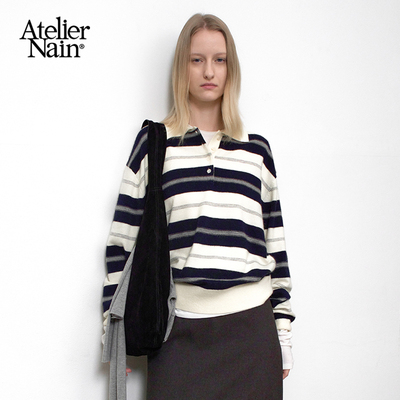 Atelier Nain2025年冬季新款条纹针织衫复古学院风翻领POLO衫上衣