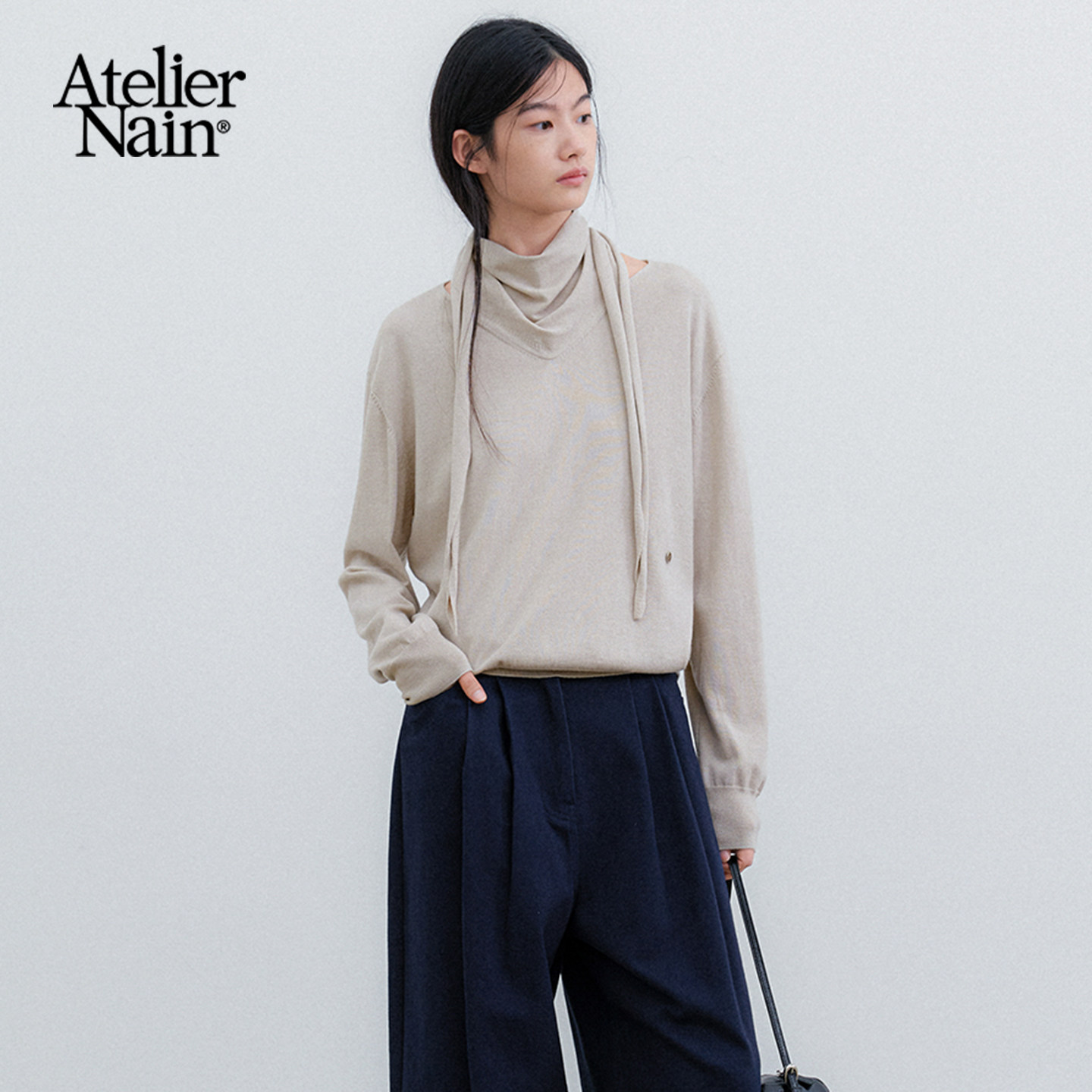Atelier Nain2026年秋冬新款围巾领飘带针织衫女设计感小众上衣