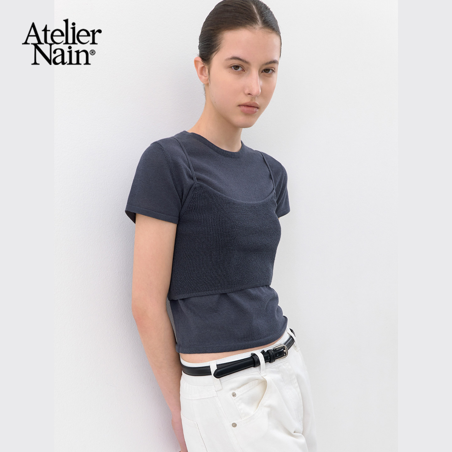 Atelier Nain2026年夏季新款极简短袖背心两件套女简约质感上衣