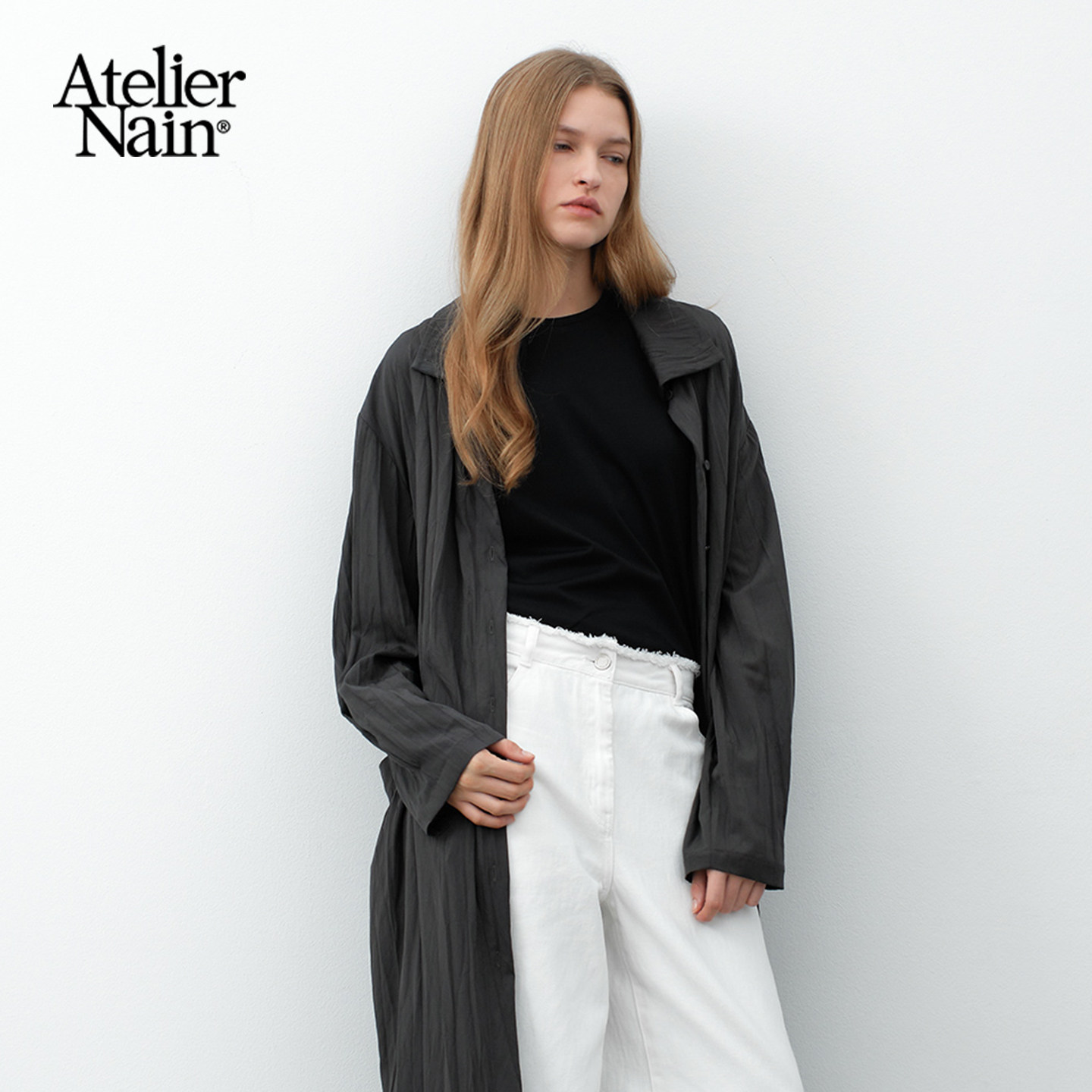 Atelier Nain2025年秋季新款风衣外套韩版通勤系带设计长款上衣