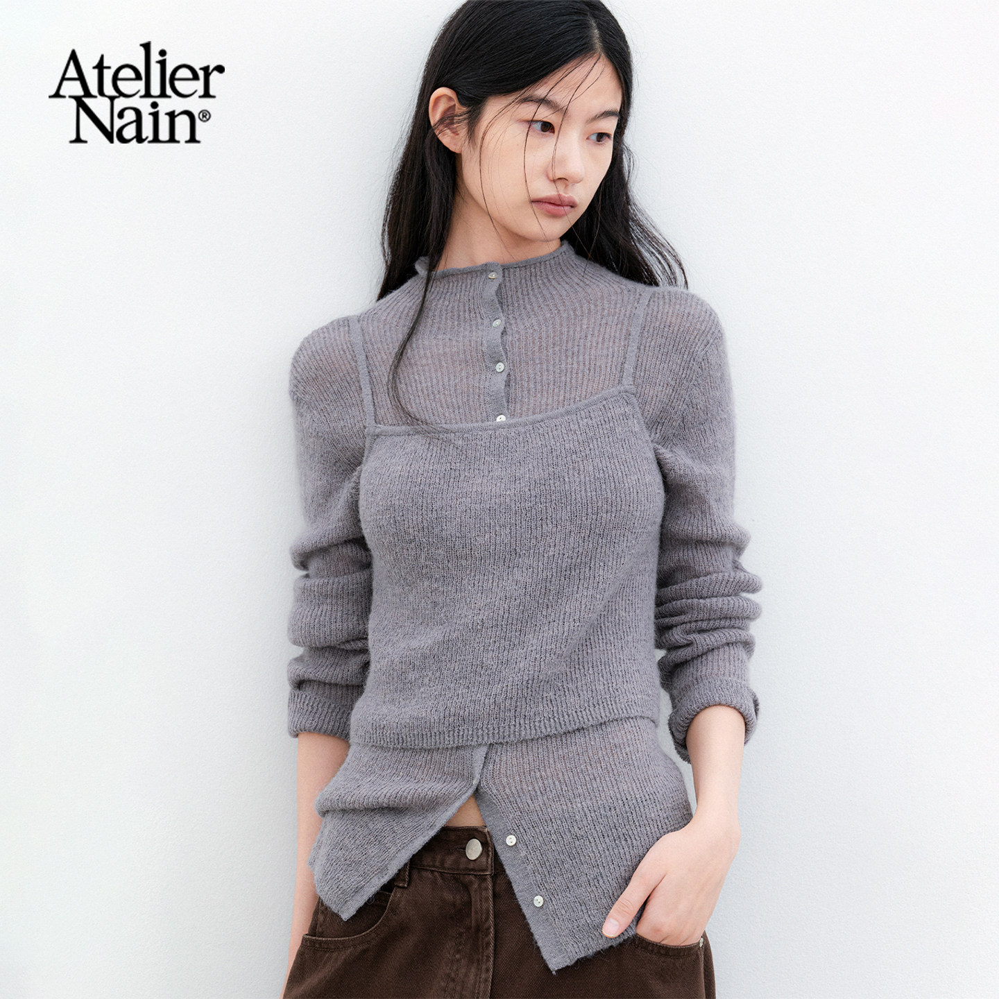 Atelier Nain2026年秋季新款极简风开衫两件套韩版纽扣针织衫上衣