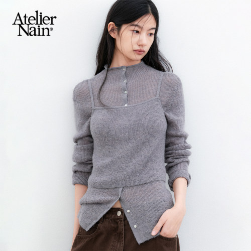 Atelier Nain2026年秋季新款极简风开衫两件套韩版立领纽扣针织衫