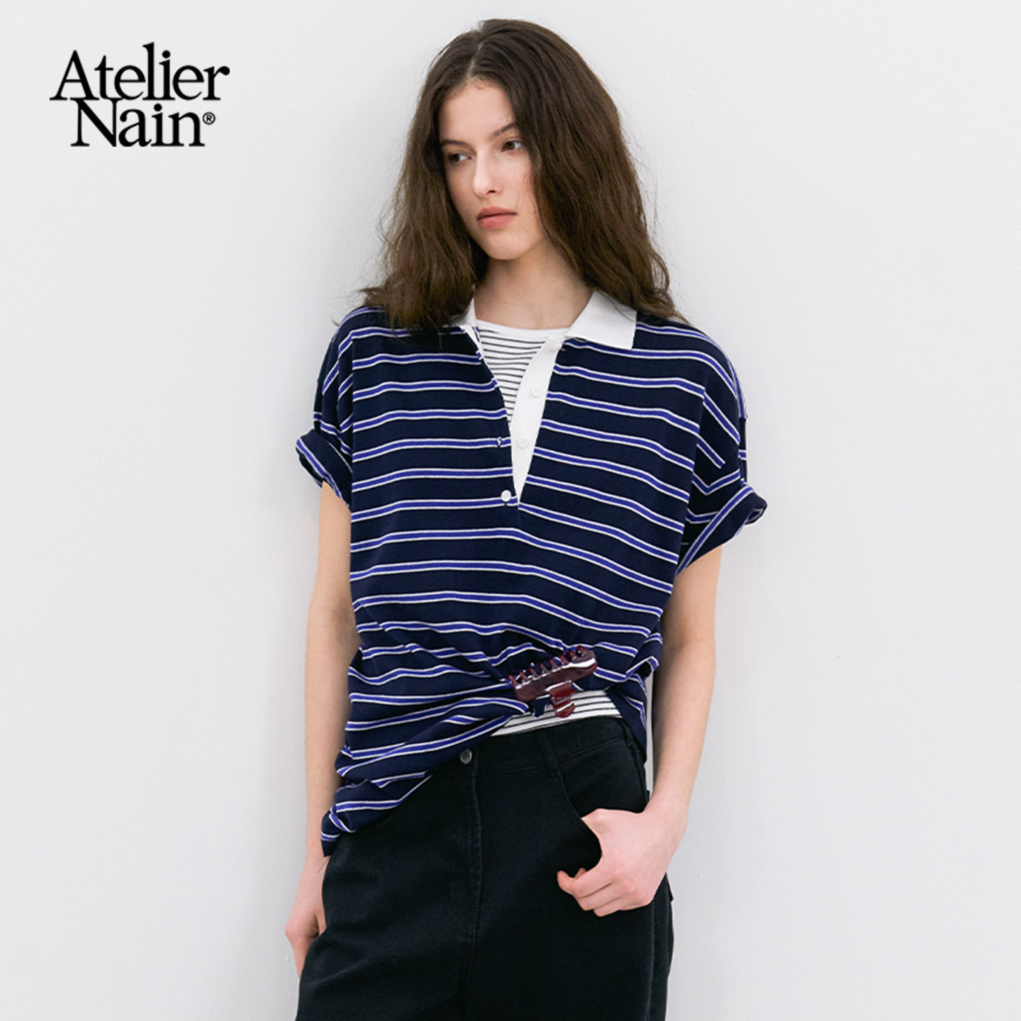 Atelier Nain2026年夏季新款条纹短袖POLO衫女翻领宽松通勤T恤