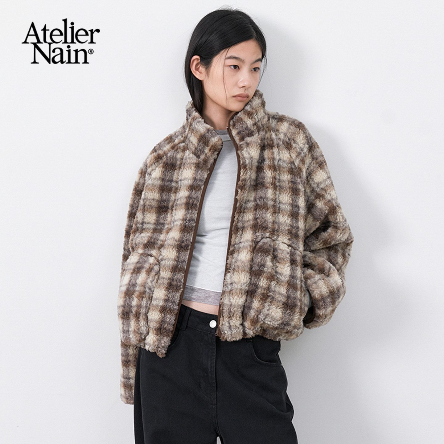 Atelier Nain2026年秋冬新款复古格纹立领棉服女韩版宽松夹克外套