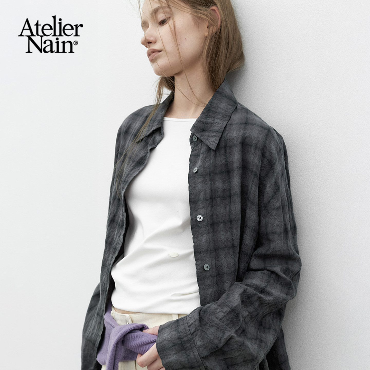 Atelier Nain2026年秋季新款格纹衬衫女韩版宽松慵懒风百搭上衣