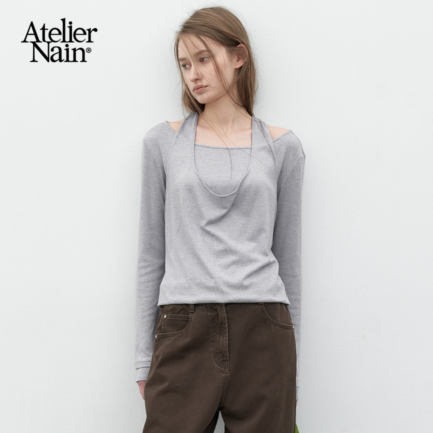 Atelier Nain2026年秋季新款假两件挂脖长袖T恤女设计感极简上衣