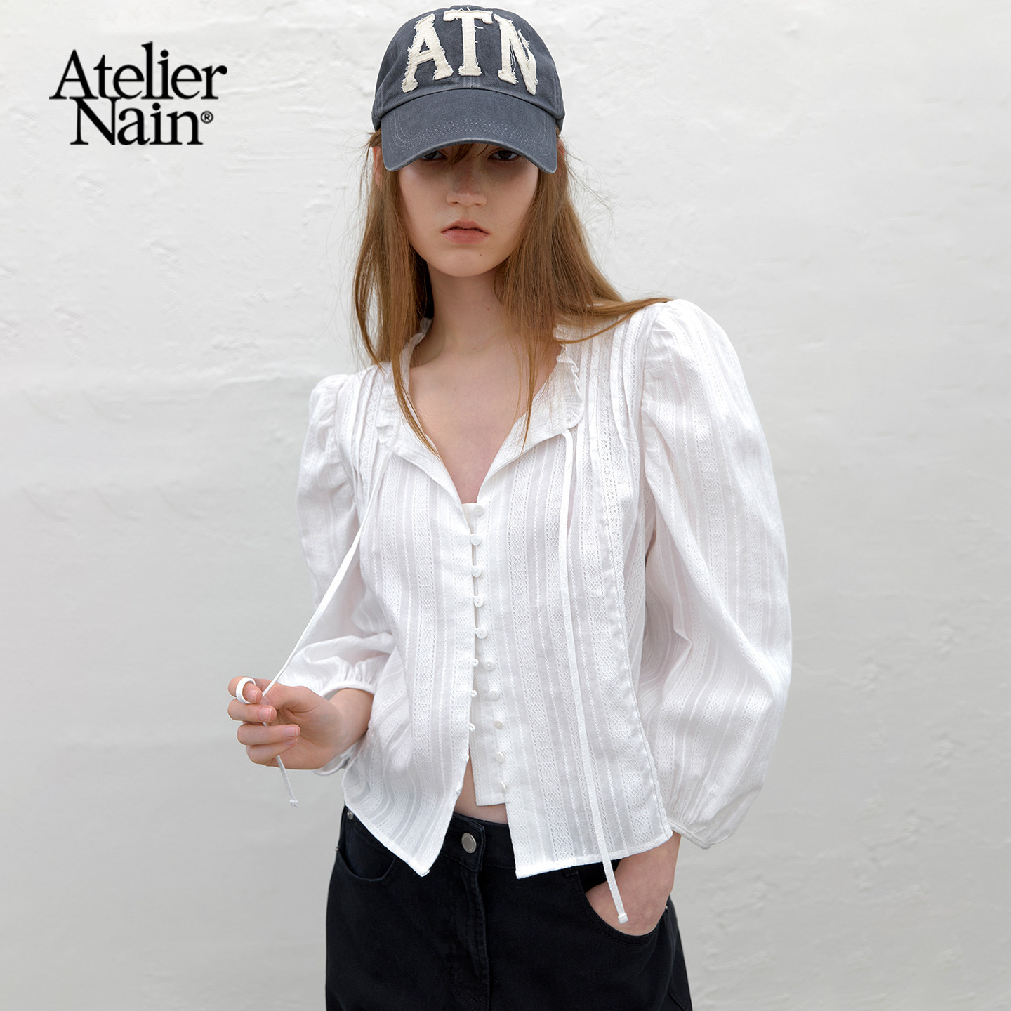Atelier Nain2026年春季新款法式浪漫风花边衬衫女泡泡袖系带上衣