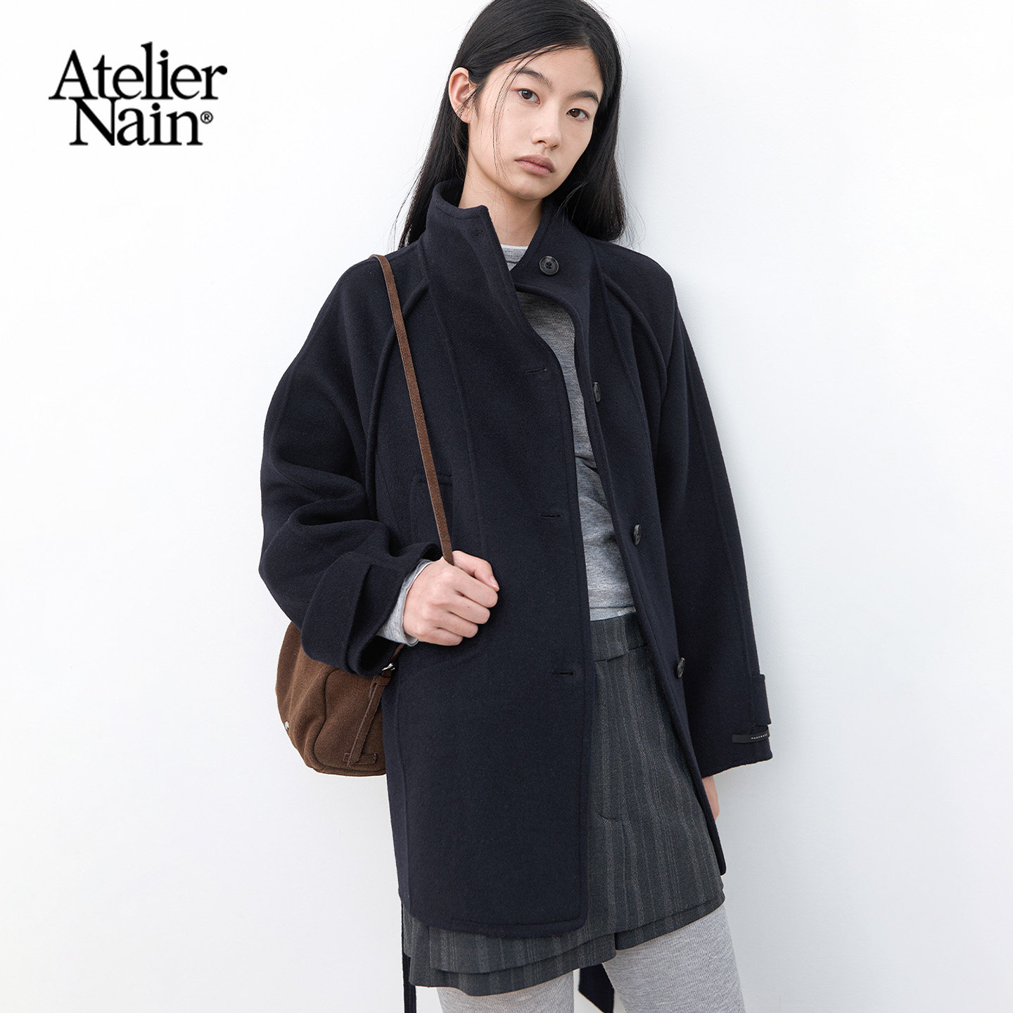 Atelier Nain2026年冬季新款立领羊毛大衣女中长款极简风毛呢外套