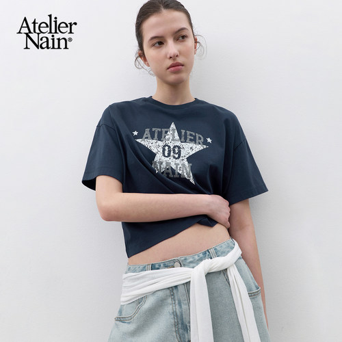 Atelier Nain2026年夏季新款短袖T恤女印花街头休闲百搭短款上衣