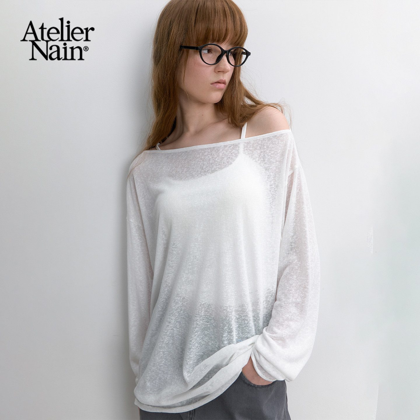 Atelier Nain2026年春季新款慵懒风斜肩长袖T恤女松弛感仙气上衣