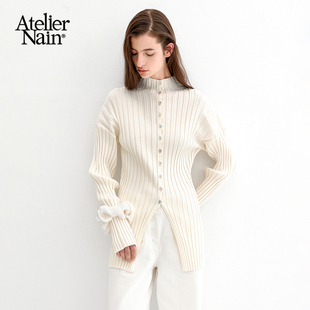 Atelier Nain2025年秋冬新款中长款针织开衫高级感开叉设计上衣女